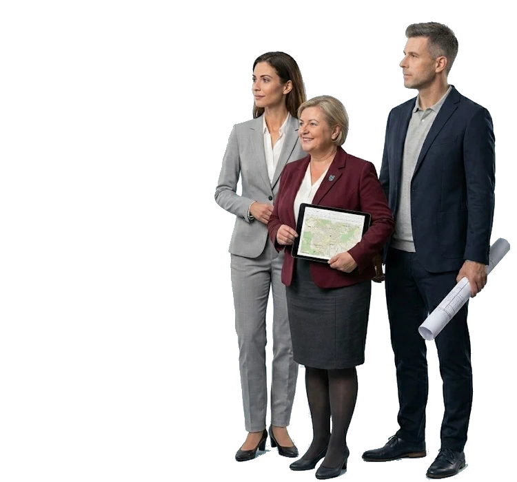 In dem Bild sehen wir drei Personen in Business-Outfits, die eine professionelle Ausstrahlung haben. Die Frau in der Mitte hält ein Tablet, das eine Karte anzeigt, während der Mann rechts eine gerollte Zeichnung oder ein Dokument in der Hand hält. Alle drei scheinen auf ein gemeinsames Ziel fokussiert und nehmen eine engagierte Haltung ein, was auf eine gemeinsame Planung oder Besprechung hinweisen könnte. Ihre Kleidung und die Accessoires deuten auf ein betriebliches oder geschäftliches Umfeld hin, möglicherweise in einem Meeting oder bei einer Präsentation. Die Szene vermittelt Teamarbeit, strategische Planung und Professionalität.
