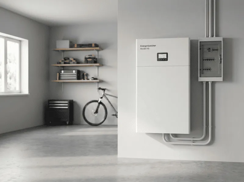 In einem modernen und gut organisierten Raum sehen wir eine fortschrittliche Energiespeicherlösung, die an einer hellgrauen Wand montiert ist. Das Gerät ist sauber in das Interieur integriert, wobei mehrere Kabel in einem geordneten Muster zur Seite verlaufen. Die minimalistische Ästhetik wird durch ein großes Fenster ergänzt, das viel natürliches Licht einlässt, sowie durch ein sorgfältig platziertes Regal mit Werkzeugen und Utensilien. Ein Fahrrad lehnt lässig an der Wand, was den Raum funktional und stilvoll wirken lässt. Der Energiespeicher steht im Mittelpunkt als Sinnbild für nachhaltige Technologie und effiziente Energieverwaltung. Ideal für moderne, technologieaffine Haushalte, die Wert auf Innovation und Umweltbewusstsein legen.
