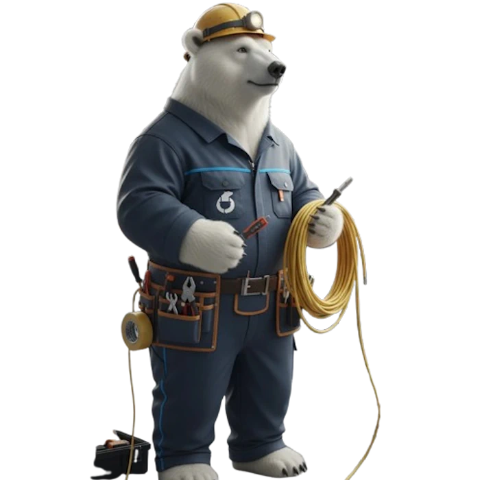 In diesem Bild sehen wir einen humorvollen, anthropomorphen Eisbären, der in einem Handwerker-Outfit gekleidet ist. Der Bär trägt einen blauen Arbeitsanzug mit zahlreichen Werkzeugen wie Schraubenschlüssel und Zangen in einem Gürtel um die Taille. Er hält eine Rolle gelbes Kabel in einer Hand, was auf seine Rolle als Elektriker oder Installateur schließen lässt. Auf dem Kopf trägt er einen Schutzhelm mit integrierter Taschenlampe, und neben ihm steht ein elektrisches Gerät, das seine professionelle Ausrüstung ergänzt. Der Hintergrund ist schlicht, wodurch der Fokus vollständig auf der Figur liegt. Diese kreative Darstellung eines Eisbären als Handwerker verleiht dem Bild einen unterhaltsamen und einzigartigen Charakter.