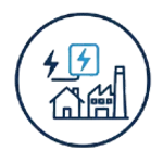 Das Bild zeigt ein blaues Icon auf transparentem Hintergrund, das in einem Kreis eingefasst ist. Im Mittelpunkt steht ein Blitzsymbol, das von einem Solar-Panel-Icon umgeben ist. Darunter sind stilisierte Darstellungen einer Fabrik, eines Hauses und eines hohen Gebäudes zu sehen. Dies vermittelt den Eindruck von nachhaltiger Energieerzeugung und -nutzung, möglicherweise in einem urbanen Umfeld, und könnte für Themen wie erneuerbare Energien, Solartechnologie oder umweltfreundliche Stadtentwicklung stehen.