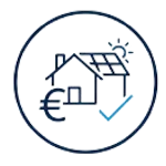 Dieses Bild zeigt ein stilisiertes Logo, das eine perfekte Balance zwischen solider Architektur und nachhaltiger Energie symbolisiert. Im Vordergrund steht ein Haus mit Solarpanelen auf dem Dach, daneben ein Euro-Symbol, das den finanziellen Aspekt betont. Ein kleiner Sonnenaufgang im Hintergrund und ein Häkchen verleihen dem Bild eine positive, zukunftsorientierte Note. Das Design vermittelt Zuverlässigkeit und Innovation – ideal für ein Unternehmen im Bereich erneuerbare Energien oder Immobilienfinanzierung.