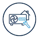 Dieses Bild zeigt ein stilisiertes Icon, das eine Klimaanlage mit einem Haus im Hintergrund und einem blauen Thermometer symbolisiert. Die Darstellung deutet auf die Themen Klimatisierung, Raumklima und Temperaturregelung hin und könnte in einem Kontext verwendet werden, der sich mit modernen Heiz- und Kühlsystemen beschäftigt. Das Icon ist in einem Kreis eingebettet, was ihm ein ordentliches und abgeschlossenes Design verleiht. Ideal für Websites oder Artikel über Klimaanlagen, Smart Home Technologien oder Energieeffizienz.