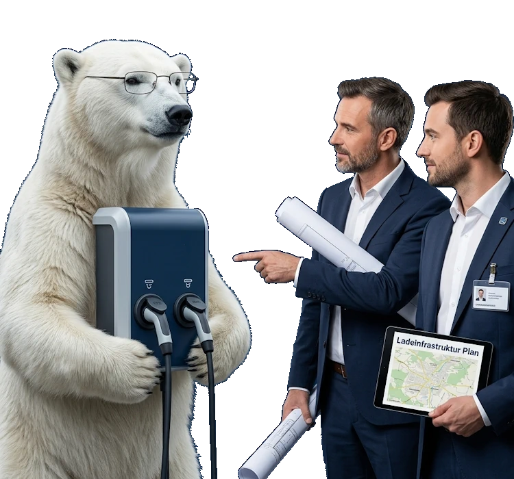 In einem humorvollen und symbolträchtigen Bild hält ein Eisbär – ein Zeichen für die bedrohte Tierwelt und den Klimawandel – eine Ladestation für Elektrofahrzeuge, was den Übergang zu nachhaltiger Mobilität symbolisiert. Zwei Geschäftsleute, die offensichtlich in technologische Entwicklungen involviert sind, diskutieren mit dem Eisbären und zeigen auf einen Plan zur Ladeinfrastruktur. Diese ungewöhnliche Szene unterstreicht die Dringlichkeit und Notwendigkeit von umweltfreundlichen Lösungen und interdisziplinärer Zusammenarbeit zur Bekämpfung des Klimawandels.