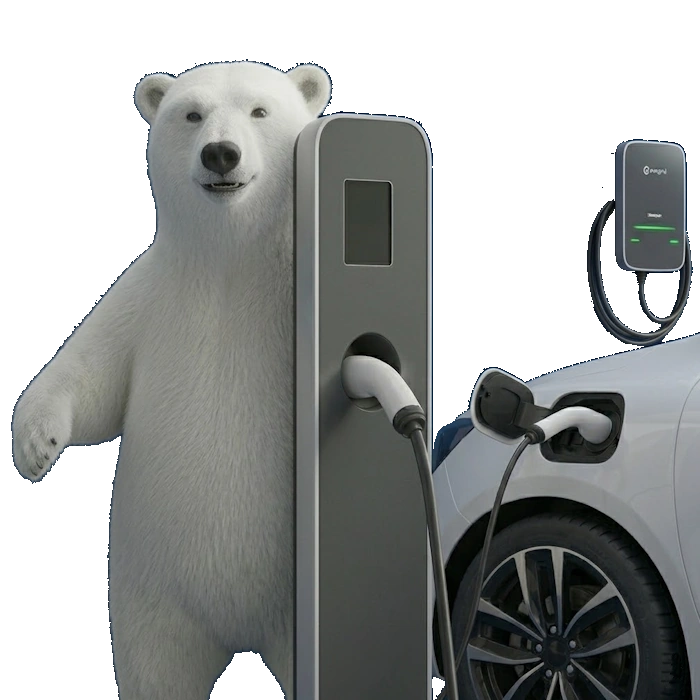 In diesem Bild steht ein Eisbär fröhlich neben einer Ladestation für Elektrofahrzeuge, während das dazugehörige Kabel ein Auto auflädt. Diese Darstellung verbindet die Themen nachhaltige Energie und Umweltschutz auf kreative Weise. Der Eisbär symbolisiert die Tierwelt und die Auswirkungen, die umweltfreundliche Technologien auf ihre Erhaltung haben können. Im Hintergrund ist ein weiteres Ladegerät sichtbar, was die Betonung auf den Ausbau der Elektromobilität verstärkt. Diese Szene hebt die Bedeutung der Investition in grüne Technologie für eine saubere Umwelt und den Schutz gefährdeter Arten hervor.