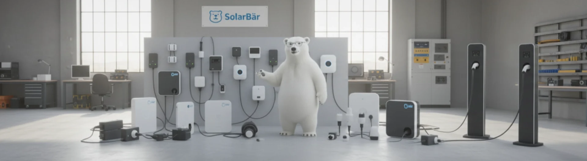 Das Bild zeigt eine moderne, helle Werkstatt, die mit wandmontierten und bodenstehenden Ladestation-Technologien ausgestattet ist. Im Zentrum steht ein freundlich aussehender Eisbär, der eine einladende Atmosphäre schafft. Hinter ihm sind verschiedene Elektrogeräte ordentlich an einer Wand befestigt, darunter Ladeboxen und Adapter. Das Logo „SolarBär“ ist prominent über der Szene platziert. Auf beiden Seiten befinden sich Arbeitsplätze mit Computern und technischen Geräten, die auf eine fortschrittliche, innovative Umgebung hinweisen. Die großen Fenster im Hintergrund lassen viel Tageslicht herein und verstärken den Eindruck von Effizienz und Modernität.
