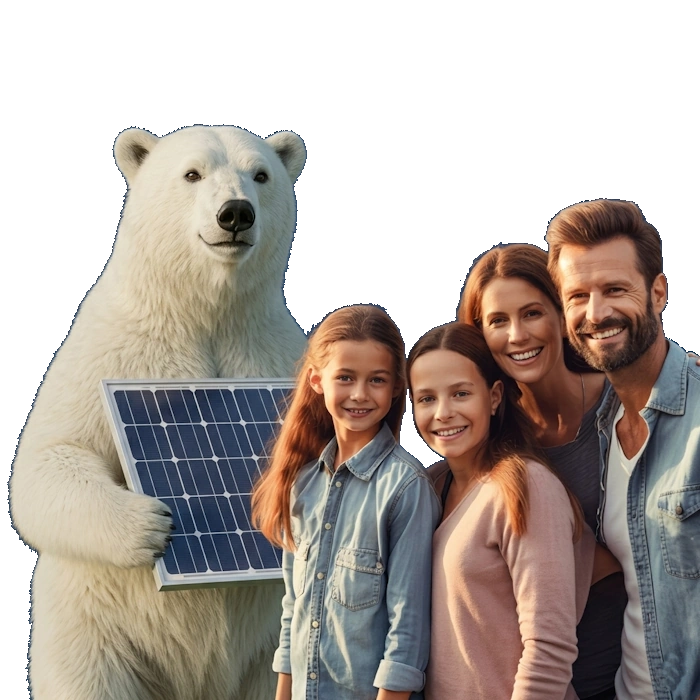 In diesem Bild steht eine Familie neben einem stehendem Eisbären, der ein Solarpanel hält. Alle lächeln entspannt und sind leger gekleidet. Der Eisbär symbolisiert die Wichtigkeit des Umweltschutzes, während das Solarpanel für erneuerbare Energien und Nachhaltigkeit steht. Die fröhliche Familie im Bild vermittelt eine Botschaft von Hoffnung und Engagement für eine grünere Zukunft. Ideal zur thematischen Untermauerung von umweltfreundlichem Leben, Nachhaltigkeit und erneuerbaren Energien.