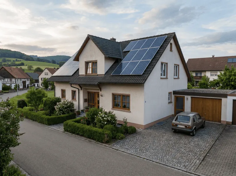 Das Bild zeigt ein idyllisches Einfamilienhaus in einer ländlichen Umgebung. Auffällig sind die Solarpaneele auf dem Dach, die nachhaltige Energiegewinnung symbolisieren. Das Haus ist von gepflegten Hecken und blühenden Sträuchern umgeben, trägt zu einem einladenden Erscheinungsbild bei und unterstreicht umweltfreundliches Wohnen. Eine gepflasterte Einfahrt führt zur Garage, in der ein Auto geparkt ist, was auf Bequemlichkeit und Funktionalität des Hauses hinweist. Im Hintergrund erstreckt sich eine sanfte, grüne Hügellandschaft, die Ruhe und Naturverbundenheit verkörpert.