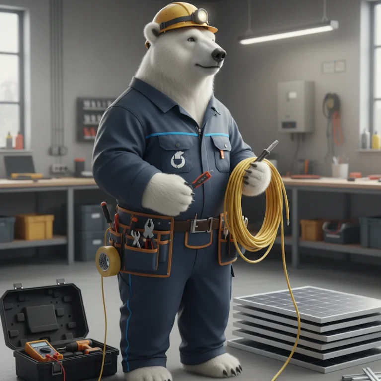 Ein beeindruckendes Bild zeigt einen Eisbären in einer gut ausgestatteten Werkstatt. Der Eisbär trägt einen blauen Overall, versehen mit vielen Werkzeugen in den Taschen, und einen Bauarbeiterhelm mit Stirnlampe. Er hält ein gelbes Kabel in den Pfoten, umgeben von modernen Solarpaneelen und einer Werkzeugkiste mit Messgeräten. Im Hintergrund sind Regale mit weiteren Utensilien sichtbar. Diese Szene vermittelt eine professionelle und innovative Herangehensweise an erneuerbare Energien und Handwerkskunst, wobei der Eisbär symbolisch für Stärke und Anpassungsfähigkeit steht.