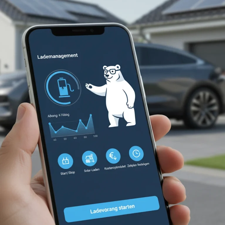 Dieses Bild zeigt ein modernes Smartphone-Display, das eine Ladeverwaltungs-App für Elektrofahrzeuge darstellt. Im Vordergrund ist ein Cartoon-Eisbär mit Brille, der eine charmante und benutzerfreundliche Schnittstelle verleiht. Auf dem Bildschirm sind mehrere Optionen zu sehen, darunter Start/Stop, Solar-Laden, Kostenoptimiert, und Zeitplan festlegen, die die Funktionalität der App hervorheben. Im Hintergrund befinden sich ein Elektroauto und ein Haus mit Solarpanelen, was die umweltfreundliche Technologie unterstreicht. Diese Darstellung spiegelt die Integration von nachhaltiger Energie in den Alltag wider und zeigt die Benutzerfreundlichkeit moderner Elektromobilitätslösungen.