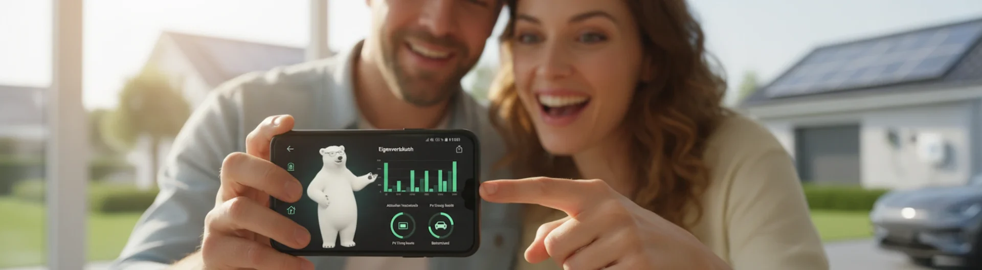 Das Bild zeigt zwei lachende Personen, die ein Smartphone in der Hand halten. Auf dem Display sieht man eine App mit einem weißen Bären, welcher auf Balkendiagramme zeigt, die Daten zur Energieverwendung darstellen. Im Hintergrund sind moderne Solarpaneele auf einem Dach und ein elektrisches Auto zu erkennen, was auf eine umweltfreundliche und nachhaltige Wohnumgebung hindeutet. Diese Szene vermittelt das Gefühl von moderner Technologie und smartem Energiemanagement.