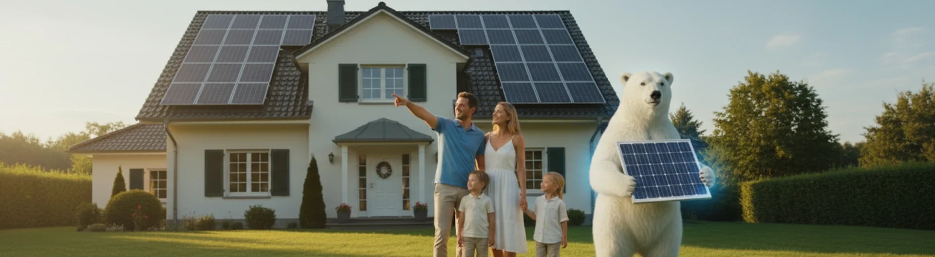 Im Bild sehen wir eine Familie, die glücklich vor einem modernen Haus steht, dessen Dach mit Solaranlagen ausgestattet ist. Neben der Familie steht ein Eisbär, der symbolisch ein Solarpanel in den Händen hält. Die Szene ist in einen sonnigen Garten eingebettet, was die positive Atmosphäre und die Betonung auf umweltfreundliche Energiequellen unterstreicht. Dieses Bild vermittelt eine Botschaft von Nachhaltigkeit, innovativer Technologie und einer umweltbewussten Lebensweise, die sowohl Natur als auch Menschen harmonisch miteinander verbindet.