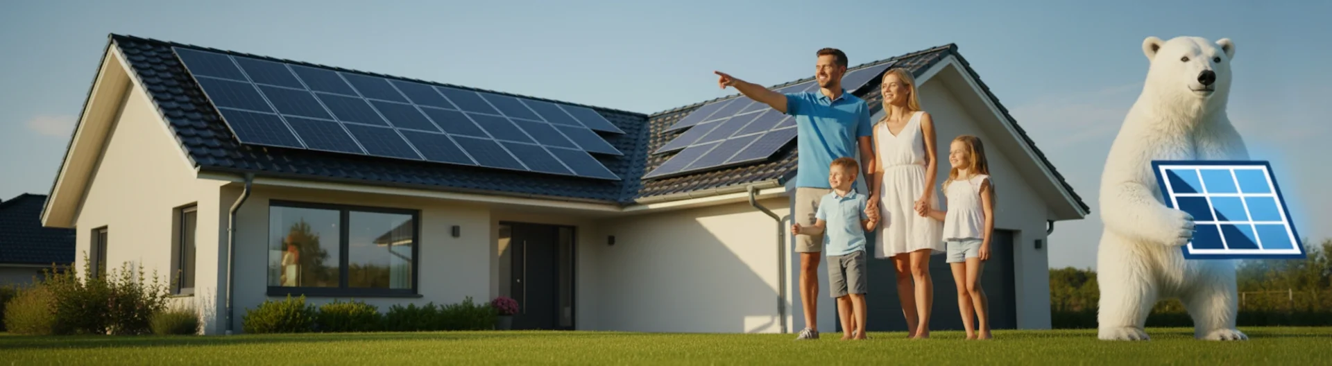 Dieses Bild zeigt eine glückliche Familie vor einem modernen Haus mit Solarzellen auf dem Dach. Die Szene strahlt nachhaltige Energie und umweltbewusstes Leben aus. Neben der Familie steht humorvoll ein Eisbär, der ein Solarpanel hält, was auf den Klimaschutz und die Bedeutung erneuerbarer Energien hinweist. Der klare Himmel und das grüne Gras unterstreichen die positive Atmosphäre und die Vorteile von Solarenergie.