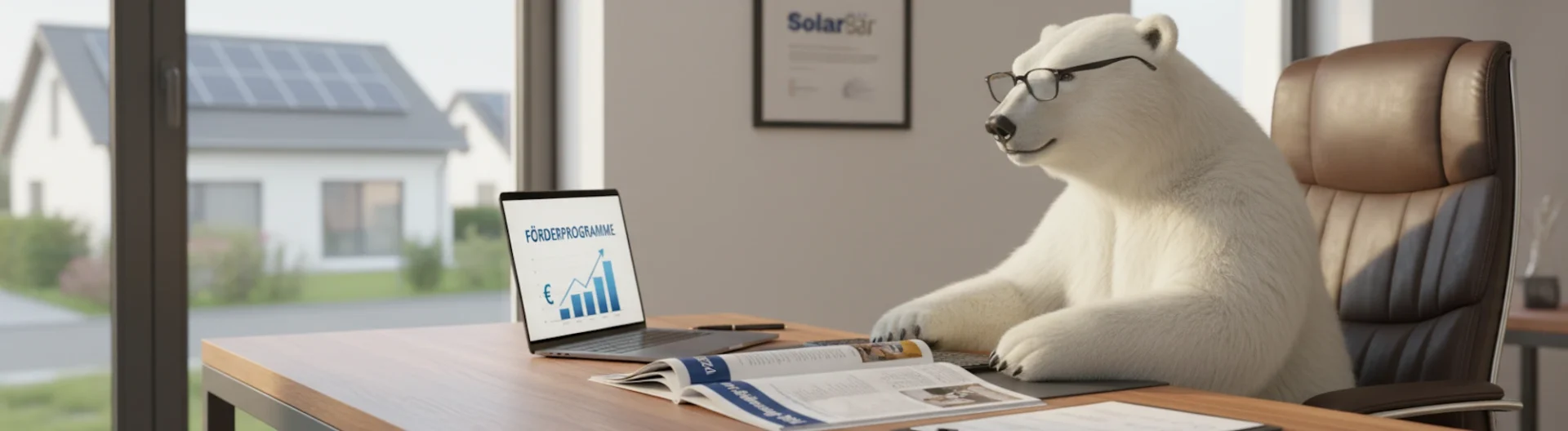 In einem modernen Büro mit Blick auf umweltfreundliche Solarhäuser sitzt ein charmanter Eisbär, der eine Brille trägt, an einem Schreibtisch. Vor ihm steht ein Laptop, auf dem ein Diagramm mit „FÖRDERPROGRAMME“ und einem ansteigenden Balkendiagramm zu sehen ist, das finanzielle Unterstützung und Wachstum symbolisiert. Ein aufgeschlagenes Buch liegt daneben, was auf eine sorgfältige und analytische Herangehensweise hinweist. Diese humorvolle und kreative Darstellung vermischt tierische Intelligenz mit nachhaltigen Energielösungen und vermittelt eine Botschaft über Fortschritt und Umweltschutz.
