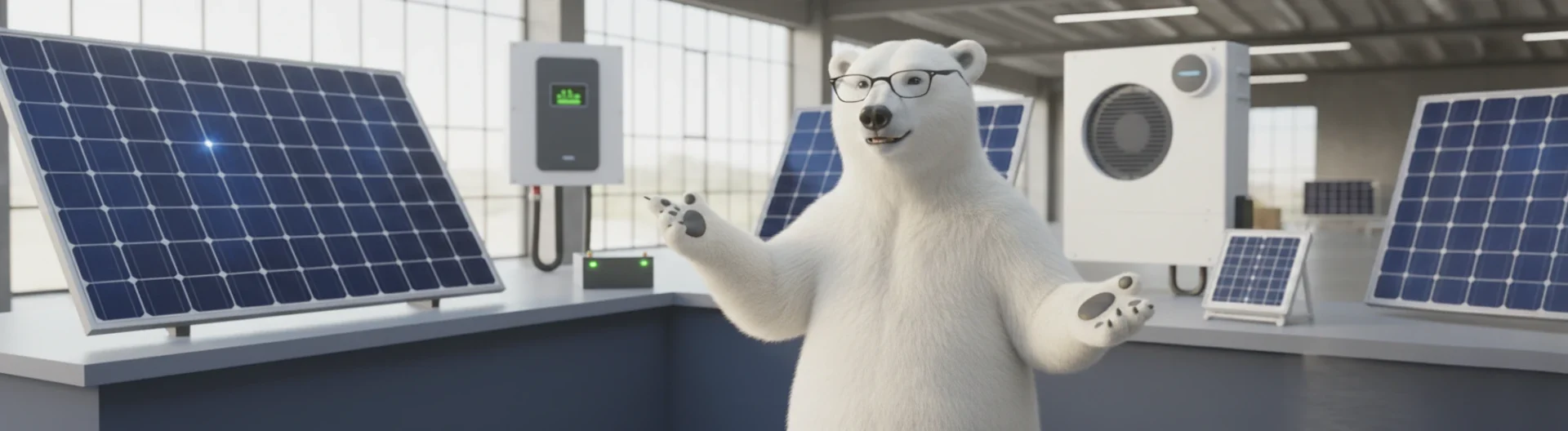In einem hell beleuchteten Raum steht ein animierter Eisbär, der eine Brille trägt, umgeben von modernen Solartechnologien. Neben ihm befinden sich große Solarpanele und ein Wechselrichter, die die nachhaltige Energiegewinnung symbolisieren. Die Szene vermittelt eine Botschaft der grünen Technologien und erneuerbaren Energien, präsentiert auf eine spielerische und zugängliche Weise. Ideal für Inhalte über umweltfreundliche Innovationen und Energiesparen.