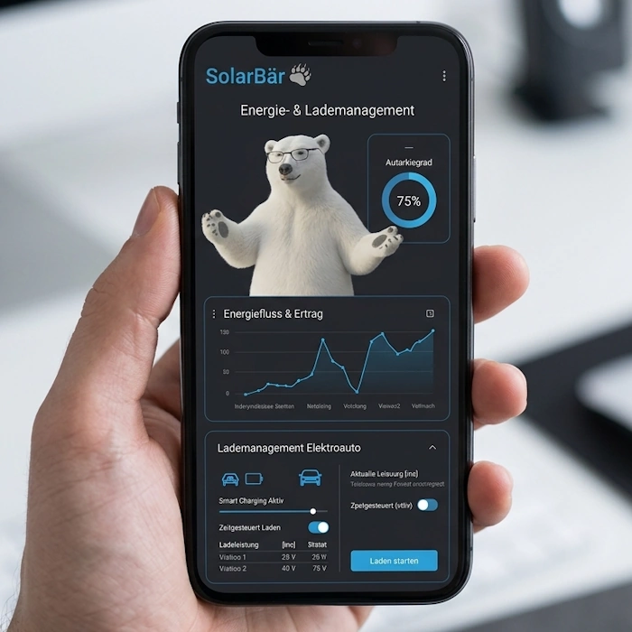 Das Bild zeigt ein Smartphone, auf dem die App SolarBär für Energie- und Lademanagement geöffnet ist. Auf dem Display ist ein animierter Bär mit Brille zu sehen, der ein freundliches Erscheinungsbild hat. Die App präsentiert eine Übersicht über den Autarkiegrad mit einer aktuellen Anzeige von 75%. Darunter befindet sich ein Diagramm zur Darstellung von Energiefluss und Ertrag, das verschiedene Zeitpunkte und Werte darstellt. Zusätzlich gibt es Funktionen zur Steuerung des Lademanagements für Elektroautos, inklusive Optionen für zeitgesteuertes Laden und smartes Laden. Dies vermittelt ein modernes, technologisches Ambiente und betont nachhaltige Energielösungen.