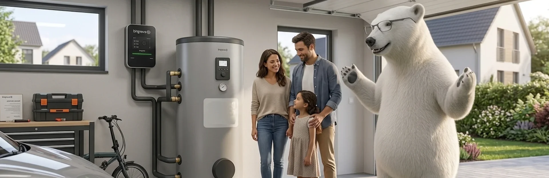 In einem modernen, lichtdurchfluteten Hauswirtschaftsraum sehen wir eine glückliche Familie, die staunend vor einer effizienten Wärmepumpenanlage steht. Ein sympathischer Eisbär mit Brille, der als freundlicher Helfer erscheint, erklärt ihnen die umweltfreundliche, energiesparende Technologie. Dies vermittelt ein Gefühl von zukunftsorientierter Nachhaltigkeit und Komfort. Im Vordergrund ergänzt eine Werkbank mit Werkzeugen das Bild, während durch das Fenster ein Einfamilienhaus in einer grünen, gepflegten Umgebung zu sehen ist. Diese Szene betont die Vorteile fortschrittlicher Heizlösungen.