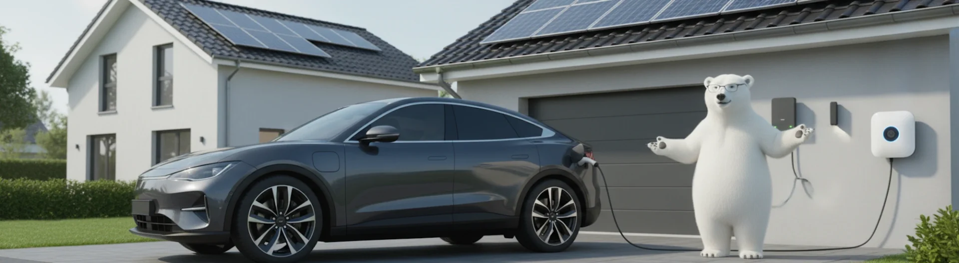 In einer modernen, umweltfreundlichen Wohnsiedlung steht ein elegantes, schwarzes Elektroauto, das an eine Ladestation angeschlossen ist. Neben dem Auto steht ein freundlich wirkender, anthropomorpher Eisbär, der stolz auf die grüne Technologie verweist. Auf den Dächern der modernen Häuser sind Solarpanels angebracht, die erneuerbare Energie erzeugen. Diese Szene vermittelt den Fortschritt im Bereich nachhaltiger Energielösungen und Elektromobilität und stellt eine harmonische Verbindung zwischen Technologie und Umweltbewusstsein dar.