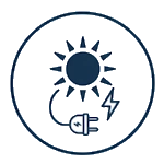 Dieses Bild zeigt ein stilisiertes Symbol, das die Nutzung von Solarenergie verdeutlicht. Im Mittelpunkt steht eine Sonne, die von einem Stromkabel mit Stecker flankiert wird, was die Umwandlung von Sonnenlicht in Elektrizität durch Solartechnologie symbolisiert. Ein Blitz-Icon neben dem Stecker steht für die Energiegewinnung. Das Motiv ist in einem runden Rahmen eingefasst, der den Fokus auf die umweltfreundliche und nachhaltige Energieerzeugung richtet. Dieses Bild ist ideal zur Veranschaulichung von Themen wie erneuerbare Energien, Solarstrom und nachhaltige Technologien.