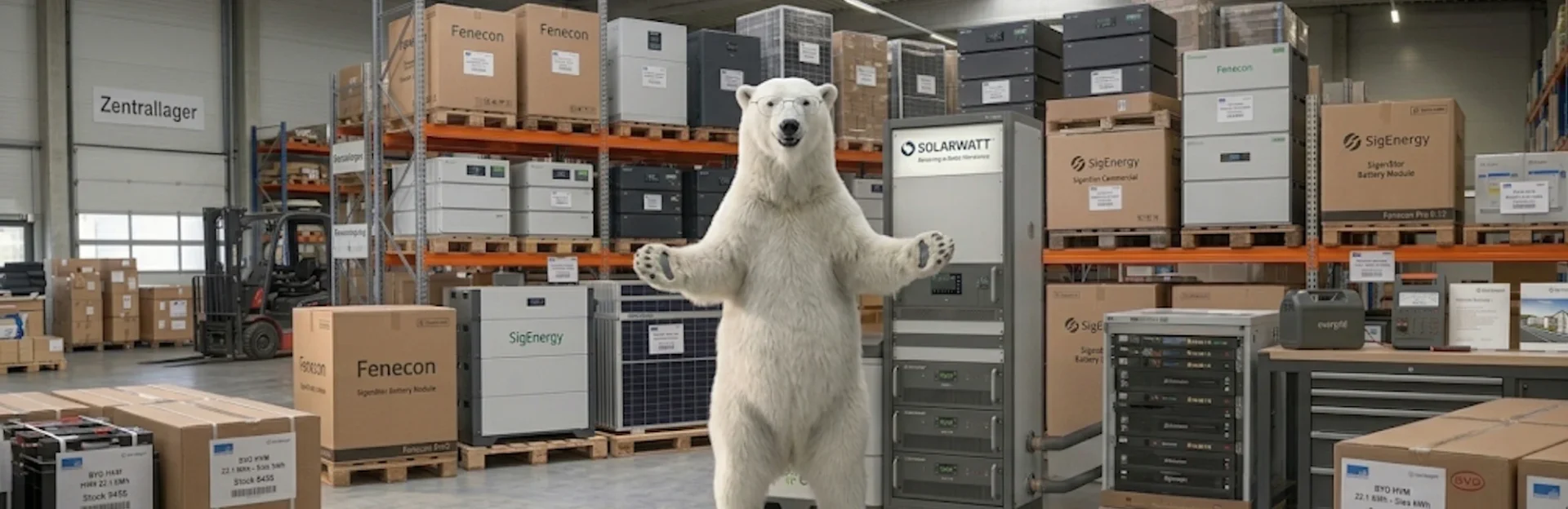 Im zentralen Lager eines modernen Unternehmens, umgeben von verschiedenen Kartons und Energiemodulen, steht ein weißer Bär. Die Regale sind mit Produkten von Marken wie Fenecon und SigEnergy gefüllt. Ein Gabelstapler ist ebenfalls im Hintergrund sichtbar, welcher die Geschäftigkeit des Logistikbereichs unterstreicht. Der Bär wirkt unerwartet in diesem industriellen Umfeld, was die Aufmerksamkeit auf das Bild lenkt. Diese Szene könnte als Symbol für Nachhaltigkeit und Energieeffizienz interpretiert werden.