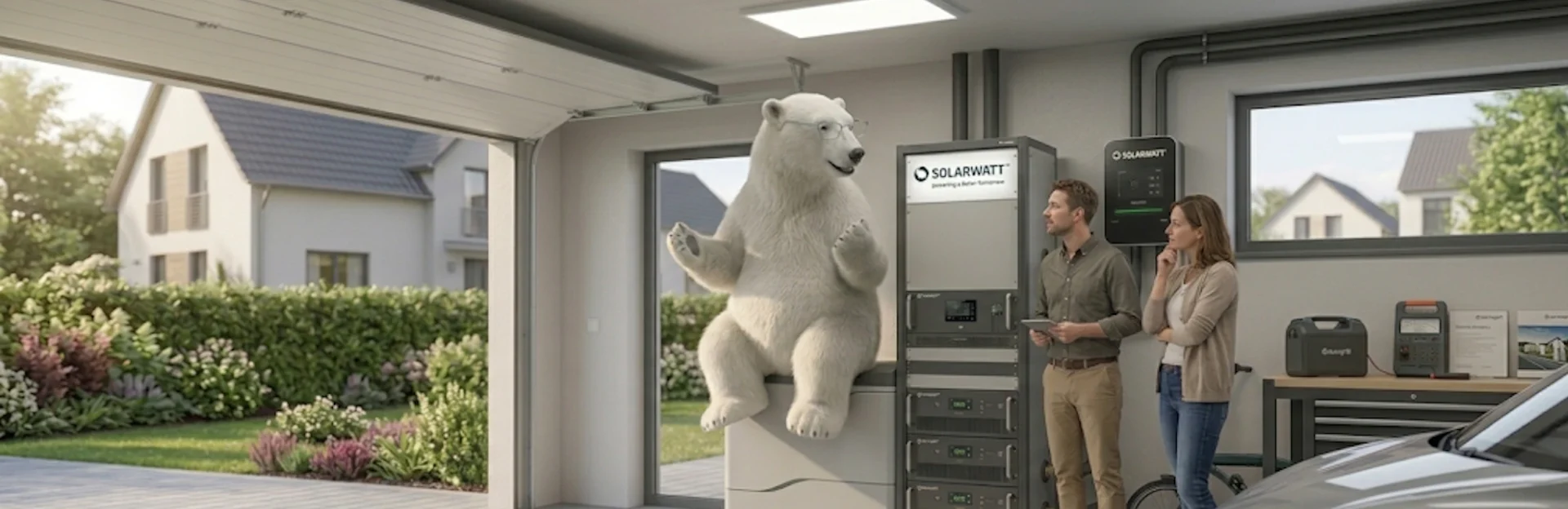 In einem modernen und lichten Raum, der wie eine Garage aussieht, rückt ein Werbeversprechen für nachhaltige Energie in den Vordergrund. Zwei Personen, ein Mann und eine Frau, stehen neben einem beeindruckenden Energiespeicher von SOLARWATT. Bemerkenswert ist ein Eisbär, der humorvoll auf dem Speichergerät sitzt, was die Botschaft für eine umweltfreundliche Zukunft unterstreicht. Der Raum ist ausgestattet mit fortschrittlicher Technologie und gibt durch ein Fenster den Blick auf ein gepflegtes Wohngebiet frei, wodurch ein Gefühl von Innovationskraft und Heimbewusstsein entsteht. Diese Szene verbindet Nachhaltigkeit mit der Sicherheit und Komfort eines modernen Zuhauses.