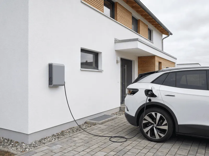 Ein modernes Elektroauto wird vor einem eleganten, zweistöckigen Haus geladen. Der Wagen ist an eine an der Außenwand befestigte Ladestation angeschlossen. Mit einem schlichten Design und einem Flachdach zeigt das Gebäude eine Kombination aus weißem Putz und stilvollen Holzakzenten. Die Einfahrt besteht aus ordentlich verlegten Pflastersteinen. Nachhaltige Mobilität trifft auf zeitgemäße Architektur, ein Symbol für den umweltbewussten Lebensstil.
